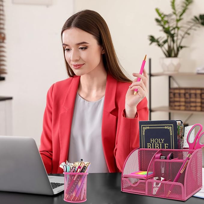 12 in 1 Hot Pink Desk Organizers and Accessories Set, Gifts for Coworkers Women, Office Supplies Stapler Pen Holder Tape Holder Staples Scissors Ruler Staple Remover