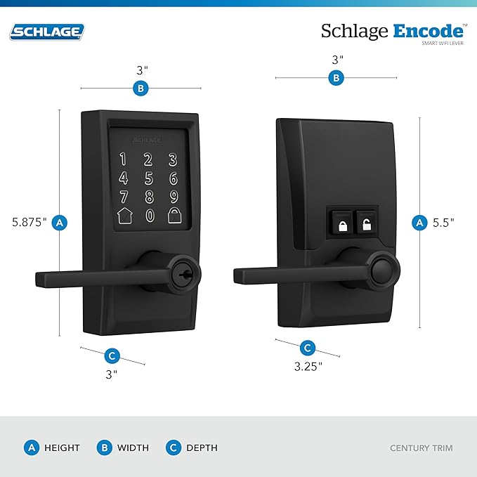 Schlage Encode Smart Wi-Fi Lock with Lever Handle, Touchscreen Keypad, Keyless Entry Door Lock, App Control, Alexa, Google Home and Airbnb Compatible, Matte Black, FE789WB CEN 622 LAT