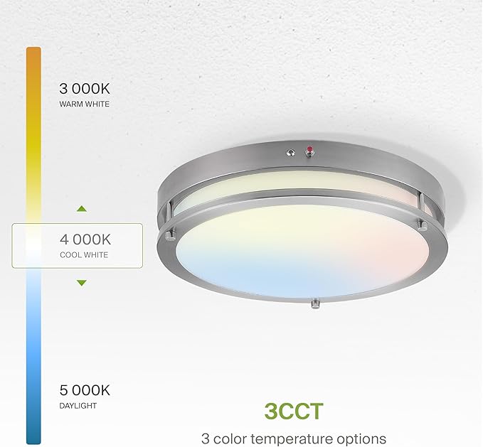 ASD LED 16" Round Flush Mount Lighting, Close to Ceiling Light Fixture | 3CCT, Dimmable, Battery Backup, ETL Listed | 24W 2116LM 3000-5000K 100-277V | Low Profile Double Ring Lamp | Nickel
