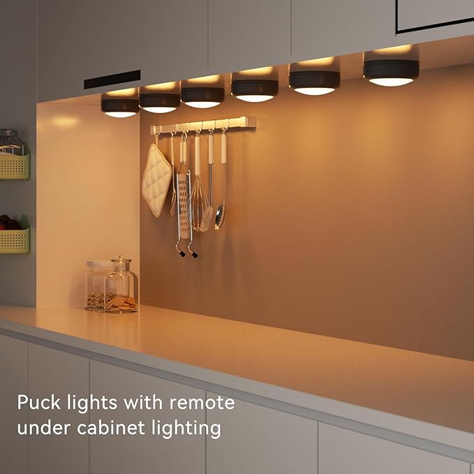 LED Puck Lights with Remote, 13-Color Under Cabinet Lighting Wireless, Battery Operated Stick-On Lights, Dimmable Push Light for Closet/Shelf/Wall (Black-6 Pack)