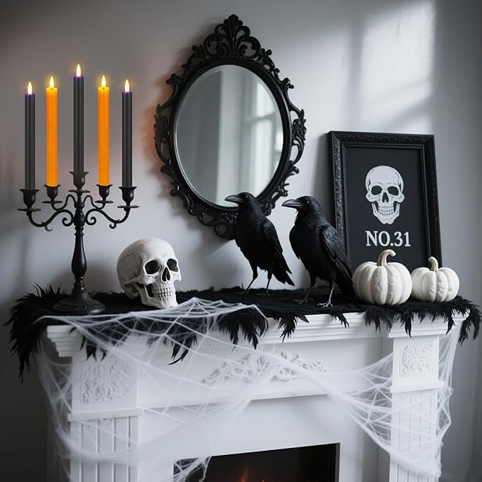 SHENSY Halloween Flameless Taper Candles –6Pack Orange and Black Real Wax LED Candlesticks with 3D Flickering Flame, Battery Operated with Remote & Timer – Spooky Window and Table Decor