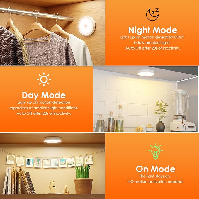 Motion Sensor Puck Light with Remote, Wireless Dimmable Under Cabinet Lighting, Rechargeable Magnetic Closet Night Light, 8-Pack, Warm White