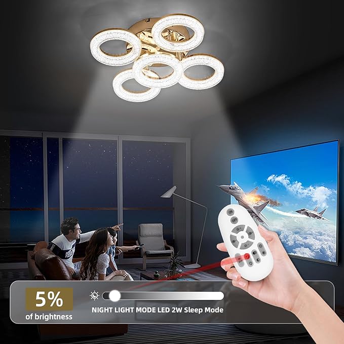 OKELI Modern Ceiling Light, 5 Rings 16.9'' Dimmable LED 49W Flush Mount Ceiling Lights with Remote Acrylic Crystal Round Ceiling Light Fixture, Bedroom Living Room Dining Room, Gold