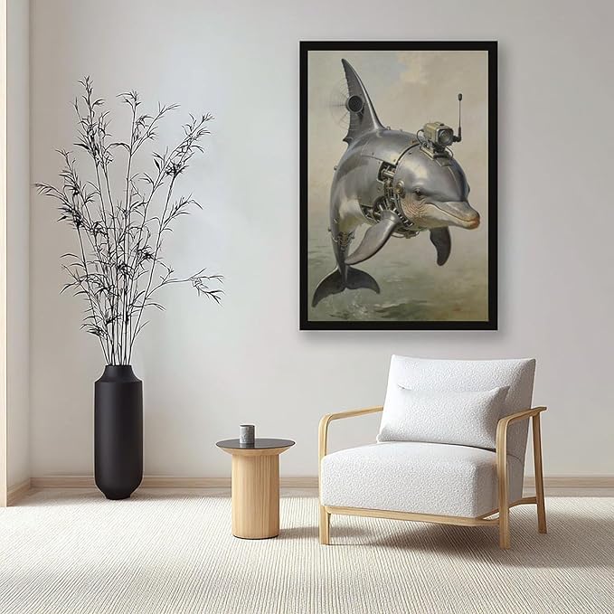 Framed Steampunk Mechanical Dolphin Wall Art - Marine Retro-Futuristic Poster for Beach House Living Room Decor 08x12in