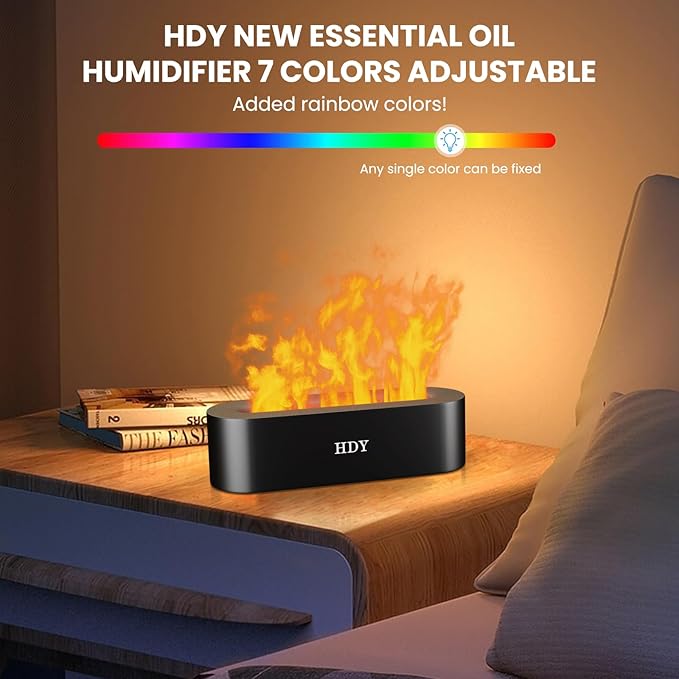 HDY 7 Color Flame Ultrasonic Humidifier - Color LED Essential Oil Diffuser, Silent Fireplace Design with Timer & Waterless Auto Shut-Off, 150ml Capacity for Home, Hotel & Office Use (Glossy Black)