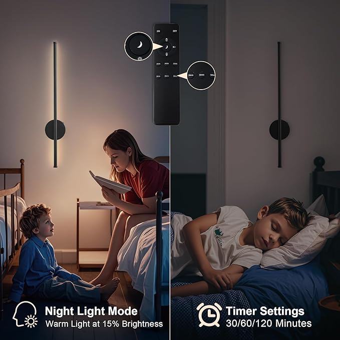 Motion Sensor Battery Operated Wall Sconce Set of Two - Modern Rechargeable Wireless Wall Lights with Remote Control, Dimmable, 3000K/4000K/6000K, Timer for Living Room, Hallway, 23.6 Inch, Black