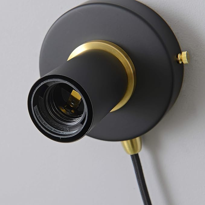 BRIGHTTIA Matte Black Plug-in Simple Ring Wall Sconce Light - Brushed Brass Color Accents - Modern Minimalist Lighting - Mid Century Industrial Exposed Bulb Wall Lamp - 16Ft Fabric Cord (BW0005-1BP)