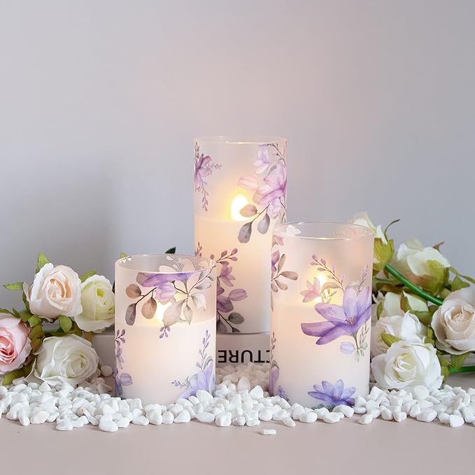 Flameless Flickering Glass Candles with Remote and Timer,Purple Flowers LED Battery Operated Real Wax Set of 3 Realistic Wick Electric Pillar Candles,Warm Fire(3 x 4, 5, 6 Inches)