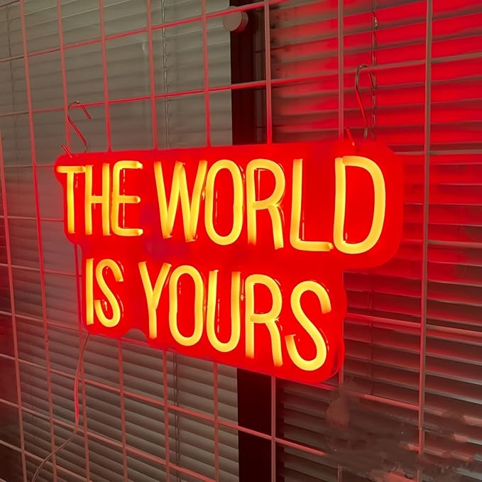 The World is Yours LED Neon Signs for Wall Decor Neon Wall Art Acrylic LED Lights with Hanging Chain Light Up for Bedroom Decor Graduation Bar Pub Wedding Party 5V USB Powered Dimmable