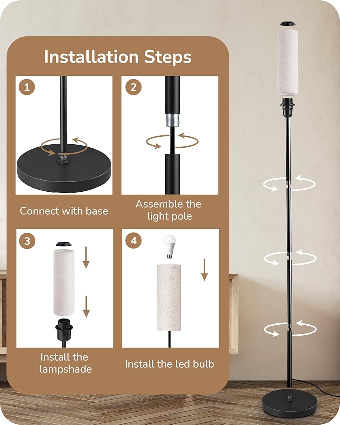 EDISHINE Floor Lamps for Living Room, 63.7in Minimalist Standing Lamp with 9W LED Bulb, 3 Color Temperature, Modern Corner Lamp for Bedroom, Nursery, Office, Foot Pedal Switch, Black