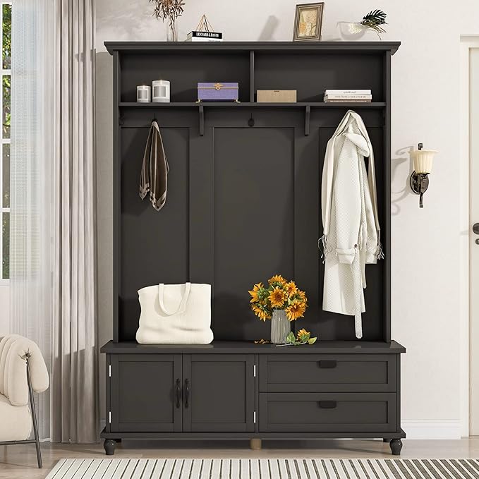 Widen Hall Tree with Bench and Shoe Storage, Modern Entryway Bench with Coat Rack, Cabinet, 2 Drawers and Shelves, Mudroom Bench with Storage and 5 Hooks for Entry Way, Hallway (Black)