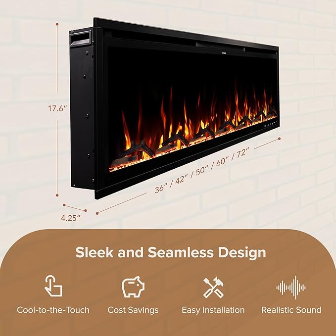 Modern Ember Aerus Slim 60 Inch Smart Linear Electric Fireplace | Recessed in-Wall or Wall-Mount | LED Multiple Flame Colors | Alexa/WiFi Enabled | 4.25” Profile | Remote Included