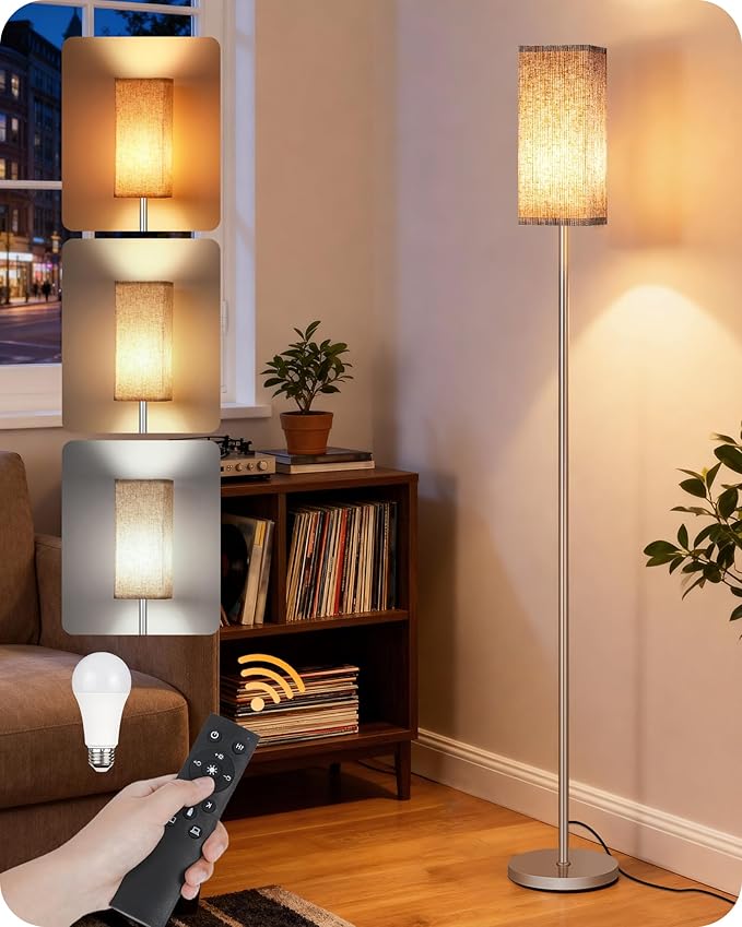 64.2'' Dimmable Floor Lamp for Living Room with Remote and Foot Switch, Corner Floor Lamp for Bedroom, Includes 10W A19 Bulb, Modern Standing Tall Lamp, ETL Listed Silver and Beige SE17LD05