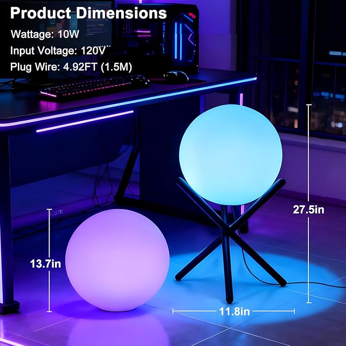 Lightdot 12-Inch RGB+CW Smart Globe Floor Lamp, Corner LED Ball Light with Remote Control, 10W 2700K-6500K Multiple Color Changing, Waterproof Glowing Orb Light for Indoor Outdoor Lighting Decors