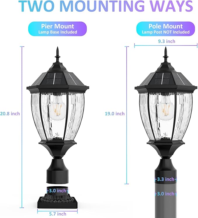 Solar Lamp Post Lights Outdoor Waterproof with Pier Mount Base, 20" H Large Aluminum Outside Solar Lights for Yard, Dusk to Dawn Outdoor Column Lights for Garden, Pathway, Patio(2 Pack)