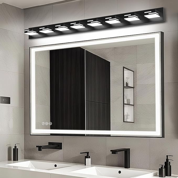 LED Modern Bathroom Vanity Light Fixtures, 8-Light 55-inch Dimmable Matte Black Vanity Lights for Bathroom Lighting Fixtures Over Mirror, with 350° Rotatable Acrylic Heads (Cool White 6000K)