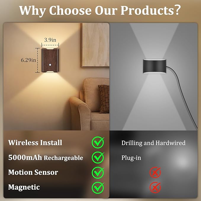 4 Pack Battery Powered Motion Sensor Wall Sconces: 5000mAh Rechargeable LED Wall Light with Remote, Magnetic Motion Sensored Stair Light Indoor Wireless Sconce for Hallway Bedroom Bedside, Walnut