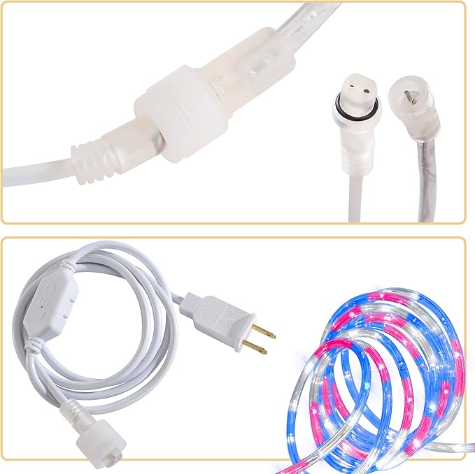 50ft Red/Blue/White Rope Lights,Connectable for Indoor & Outdoor,110V Flexible Tube Lights,Waterproof LED Rope Lighting for Outside,Deck,Patio,Pool, Camping,Bedroom Decor,Landscape Lighitng