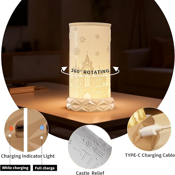 Touch Control Table Lamp for Bedroom, Portable LED Cordless Lamp, 1500mAh Rechargeable Battery Operated, 3 Color Temperatures Rotating Bedside Lamp for Living Room, Nightstand