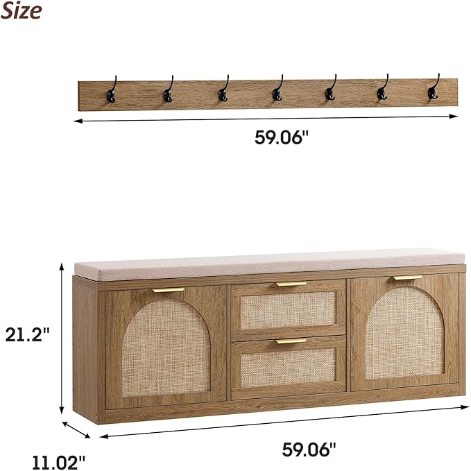 Rattan Narrow Entryway Bench with Shoe Storage, 4 Drawers & Coat Rack, Mid-Century Modern Wood Shoe Cabinet with Seat Cushion for Foyer/Hallway (Rustic Oak Rattan)