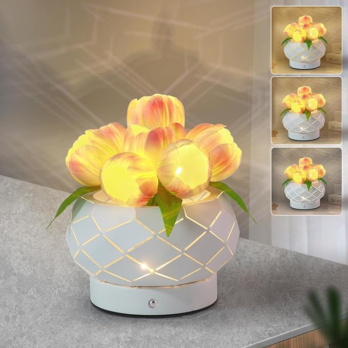 Tulip Flower Lamps, 3 Colors Dimmable Touch Lamp with Vase, USB Rechargeable LED Flower Lamp, Artificial Flower Bedside Lamp, Romantic Night Light with Tulip, Gifts for Mother Wife Girls (Pink Tulip)