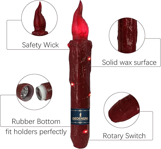Magical Candlesticks Flameless Taper Candle, 2pcs Red LED Tapered Candles Remote Dipped Candle 6inch Battery Chandelier for Enchanting Weddings and Harry Potter Inspired Vigils(LW4P-RE)