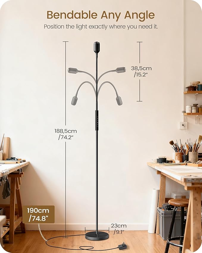 Reading Floor Lamp, 74.2" Tall LED Lamp, with 360° Flexible Gooseneck & Touch & Remote Control, Ajustable Color & Beam, Crafts Standing Lamp, for Reading, Task Craft, Living, Black WB16LD05