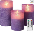 Purple Flameless Candles with Remote and Timer, Real Wax Battery Operated Candles for Home Decor, Set of 3 Flickering Glass LED Pillar Candles for Christmas Halloween Decoration