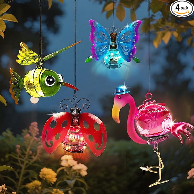 4-in-1 Solar Hanging Lights LED Outdoor Garden Decor Light Waterproof Powered Unique Decorations for Sister Birthday Gardening Gifts for Mom Women Backyard Yard Path Front Porch Balcony