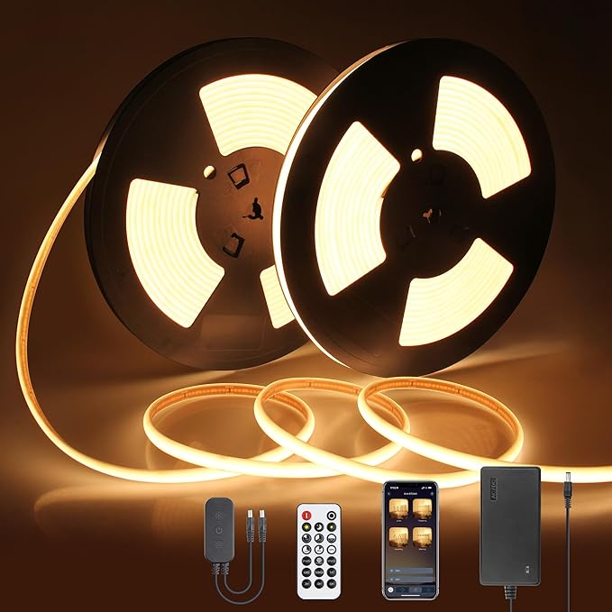 65.6FT 24V Dimmable COB LED Strip Light Waterproof Outdoor Warm White 6000K High Density 320LED/M Bluetooth Flexible LED Tape Light with Remote for Bedroom Cabinets Garden CRI90+ (20M/2roll)
