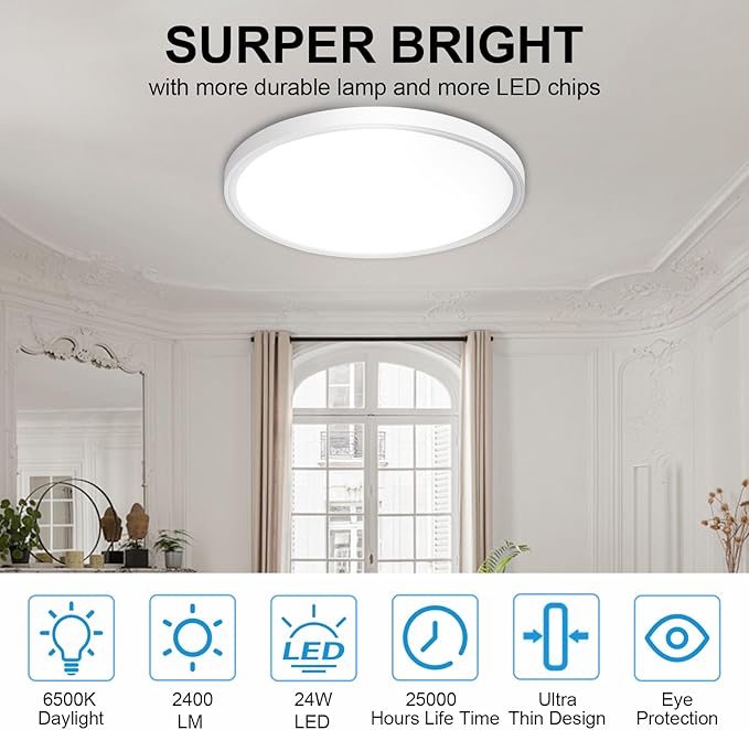 DLLT LED Flush Mount Ceiling Light: 2Pack 12 inch Super Slim Kitchen Lighting Fixtures Ceiling - 5 Color Temperatures (2700K-6000K) Round White Ceiling Light Fixtures for Bedroom Garage Hallway