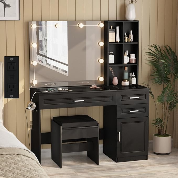 Fameill Vanity Desk with Lighted Mirror & Power Strip,Large Vanity Table with Glass top and Lots Storage,3 Drawer Makeup Desk with Hair Dryer Stand,3 Lighting Modes,Black