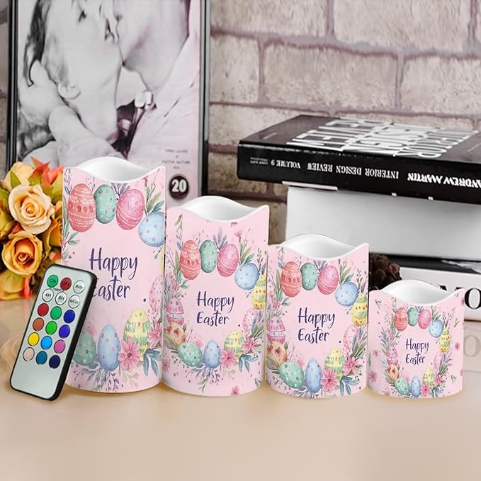 Easter Egg and Floral Plastic Flameless Candles with Remote Control and Timer LED Flickering Battery Electric Pillar Candles for Table Easter Decoration