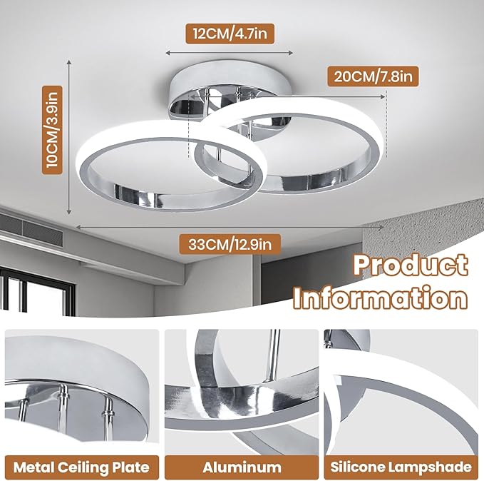 CANEOE Round Modern Led Ceiling Light Fixtures, 6000K Cool White Hallway Light Fixtures Ceiling, Bathroom Close to Ceiling Lights for Corridor Stair Aisle Lamps (Chrome, 1 Pack)