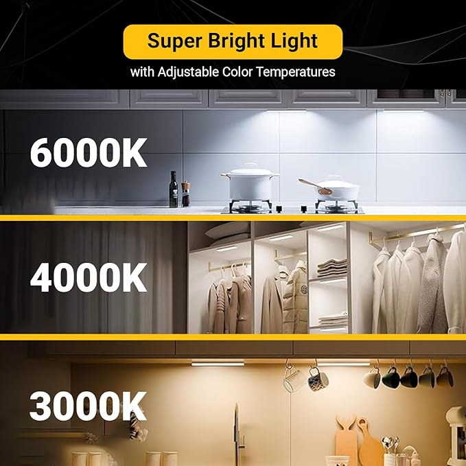 2 Pack Under Cabinet Lights 2200mAh, 65 LED Dimmable Closet Lights with 3 Adjustable Color Temperature, Rechargeable Battery Operated Motion Sensor, Under Cabinet Lighting for Kitchen,Closet (12 Inch)