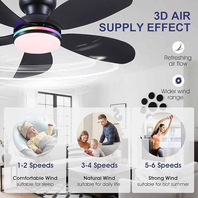 PHORUS 42" Black RGB Ceiling Fans with Lights and Remote/APP,Low Profile Ceiling Fans with Quiet Reversible DC Motor,Small Modern Flush Mount Ceiling Fan Light for Bedroom Kids Room