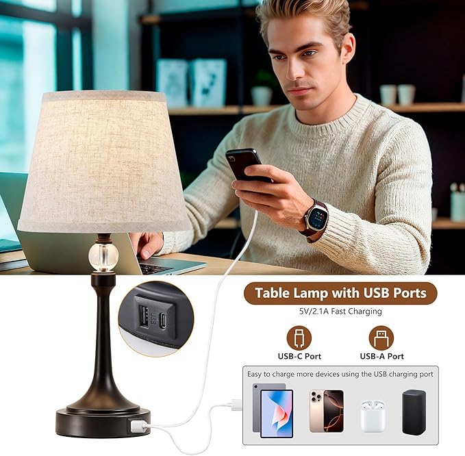 19.7'' Touch Table Lamps for Living Room, Small Lamp for Bedroom with USB C+A Ports, Dimmable Touch Lamps Set of 2, Reading Desk Lamp for Office, Metal Bedside Lamps, Bulbs Included, Black
