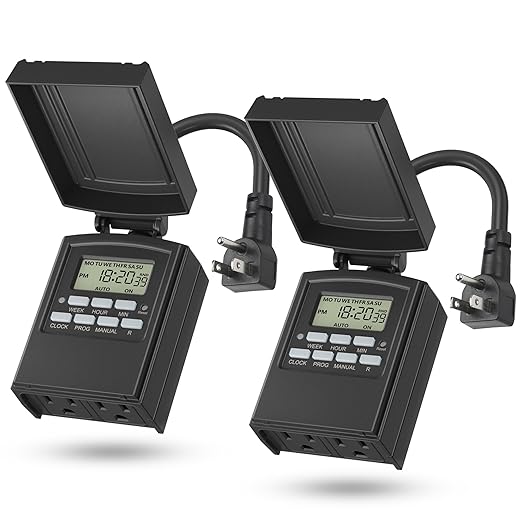 BN-LINK 7 Day Outdoor Heavy Duty Digital Programmable Timer, Outdoor Timer Outlet Waterproof, 2 Grounded Electrical Outlets for Christmas Lights, ETL Listed（2 Pack）