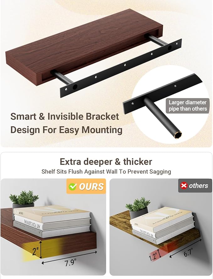 Walnut Floating Shelves for Wall Mounted, 2 Inch Thick Wooden Floating Shelves, 8 Inch Deep Shelves Over Toilet, 36"x8" Wall Shelves for Kitchen Living Room Bathroom, 50LBS Capacity, Set of 2