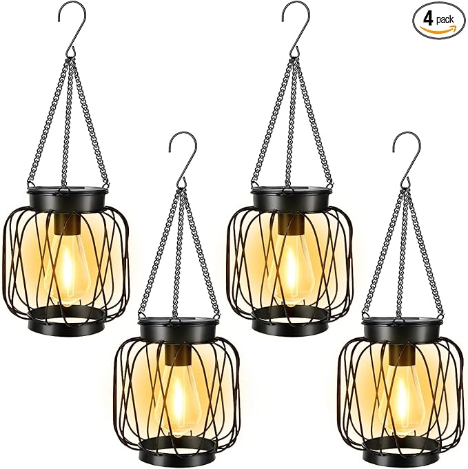 Solar Lanterns Outdoor 4 Pack, Metal Solar Hanging Lanterns with Hook - Outdoor Hanging Lantern Lights Waterproof, Bright Warm Lantern Decor for Outside Garden Yard Patio Pathway