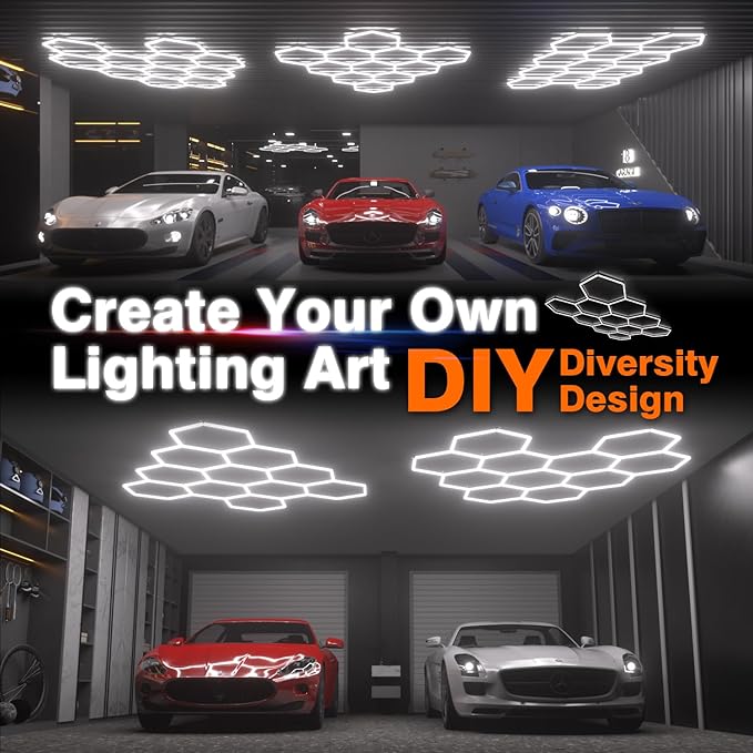 Hexagon Garage Lights : 3 Level Dimmable 322W Tube 11 Grids Hexagon LED Lights - Easy Install 6500K Super Bright Hex Lights for Garage, Home Gym, Shop, Workshop, Basement, Studio