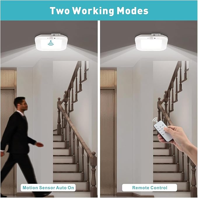 2Pack Rechargeable Motion Sensor Ceiling Light with Remote, Cordless Battery Powered Shower Lamp with 3 Colors/Brightness/Timer, for Shower Bathroom Stairs Garage Hallway