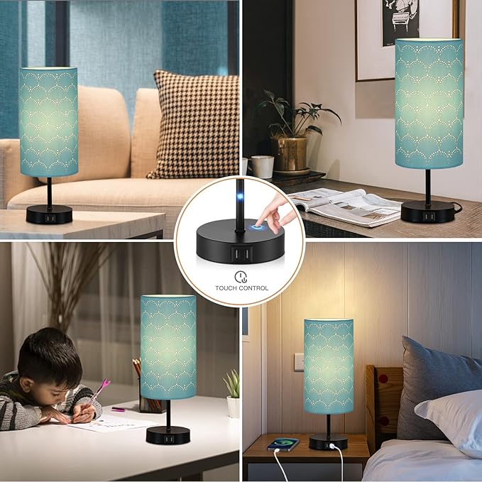 Touch Control Bedside Lamp with 2 USB Ports, 3-Way Dimmable Table lamp for Bedroom, Nightstand Lamp with Round Blue Fabric Shade for Living Room Home Office (E26 LED Bulb Included)