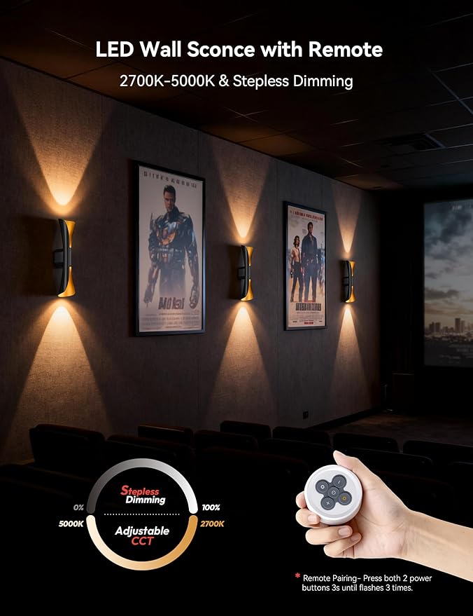 Tubicen Battery Operated Wall Sconce 9000mAh Rechargeable Up Down Wall Lights Cordless Movie Theater Sconces with Remote 2700K-5000K Dimmable Art Deco Wall Sconce for Living Room Bedroom 15.7" H