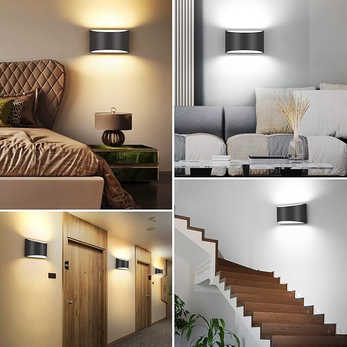 TRLIFE Modern Wall Sconces, 3000K/4000K/6000K Selectable and Dimmable LED Wall Sconce 12W Aluminum Wall Mounted Light Set of 2 Hardwired Wall Sconces for Bedroom Bedside Living Room Hallway(Black,2P)