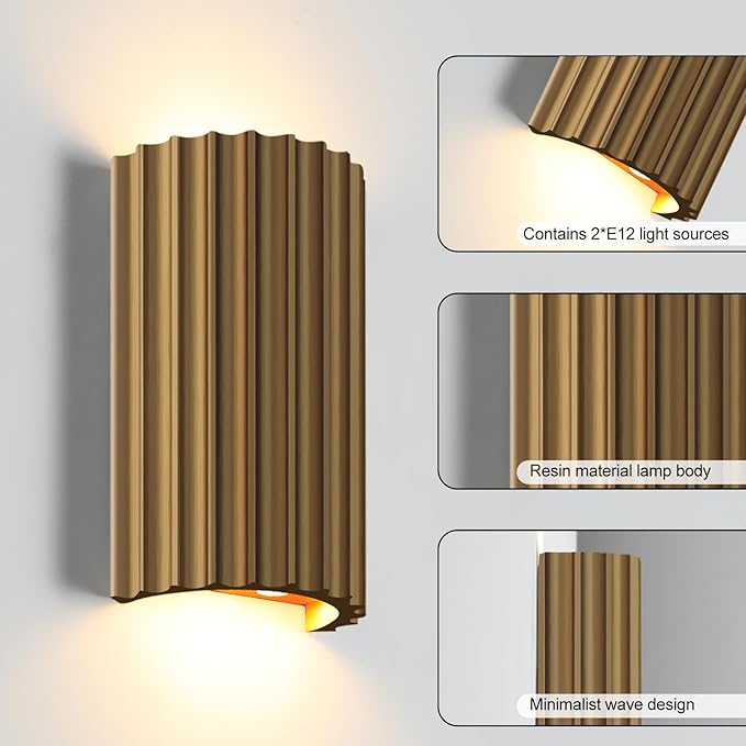ZEROUNO Gold Resin Modern LED Wall sconces Hardwired Indoor Wall Lights Up and Down Wall Mount Wall Lamp Fixture for Living Room Bedroom Hallway Corridor Conservatory Stairs (with E12 Bulbs)