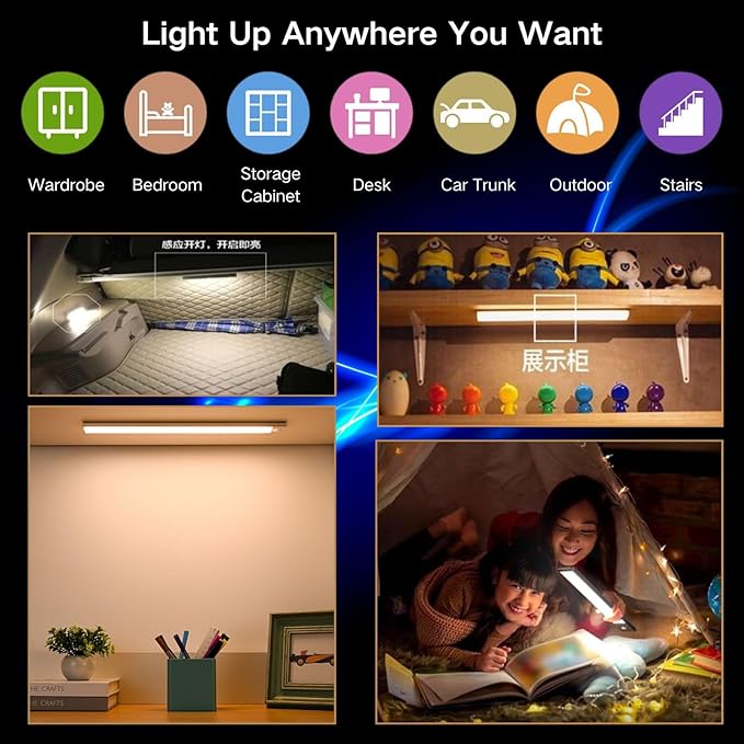 Motion Sensor Under Cabinet Lighting-Magnetic Rechargeable Closet Lights for Kitchen,Stairs,Wardrobe | 3-Color Dimmable LED Under Counter Lighting | Pro Battery Upgrade (2, 12 inch)