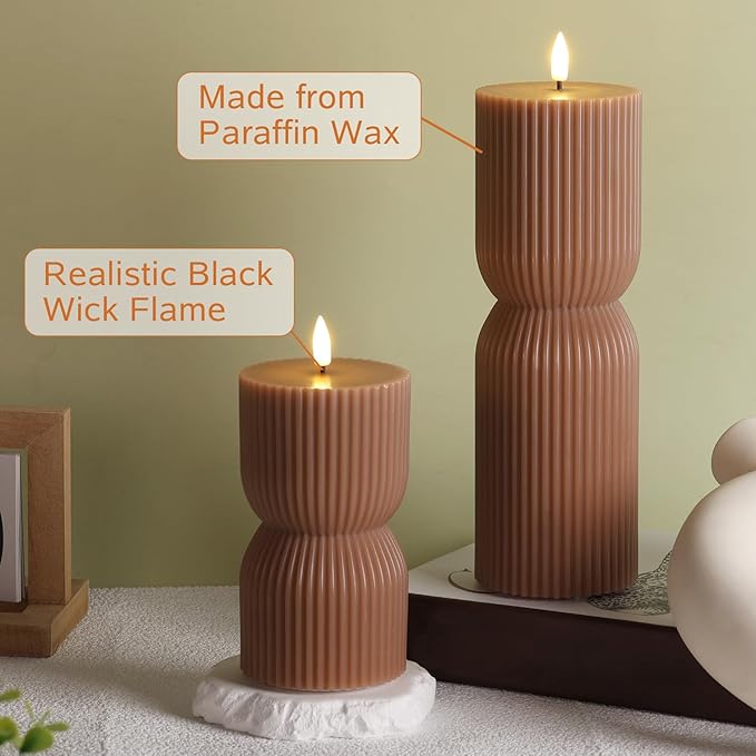 Warm Brown Ribbed Flameless Pillar Candles with Remote, Real Wax Flickering Battery LED Candles Christmas Decor Gift Set of 2