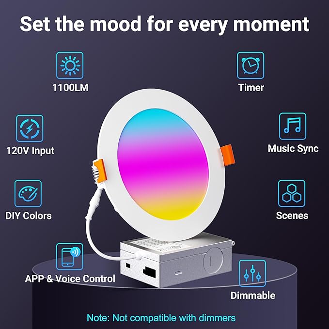 CHARKEE 6 Inch Smart Recessed Lights, RGBCW Color Changing Dimmable Downlights with Junction Box, Compatible with Alexa & Google Home, 13W 1100LM, 4pack