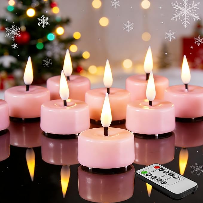 Eywamage Pink Flameless Wax Tealights with Remote Batteries, Flickering LED Tea Votive Candles Spring Easter Home Decor Set of 10